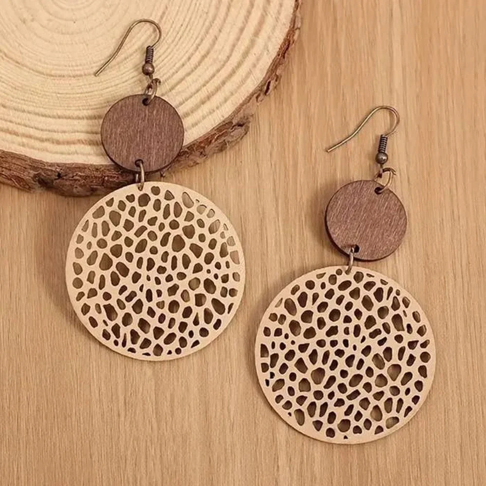 Round Khaki Drop Earrings Bohemian Vintage Wooden Leather‎ Earrings